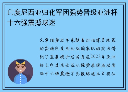 印度尼西亚归化军团强势晋级亚洲杯十六强震撼球迷 印度尼西亚归化军团强势晋级亚洲杯十六强震撼球迷